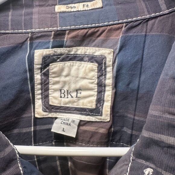 BKE Plaid Button Up Shirt Men's Size Large Slim Fit Blue/Brown Hiking Cabincore - Picture 3 of 4